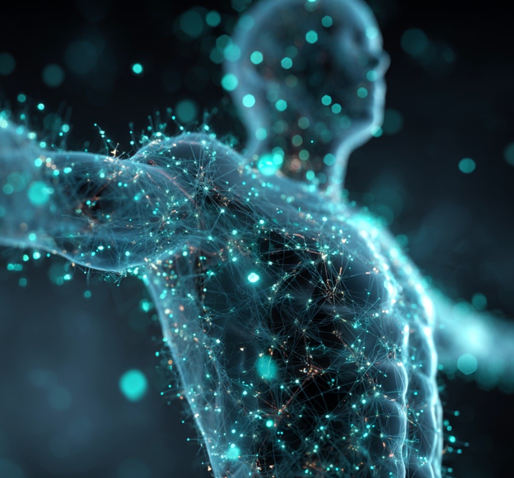 Stylized visualization of connected immune pathways and interactions
